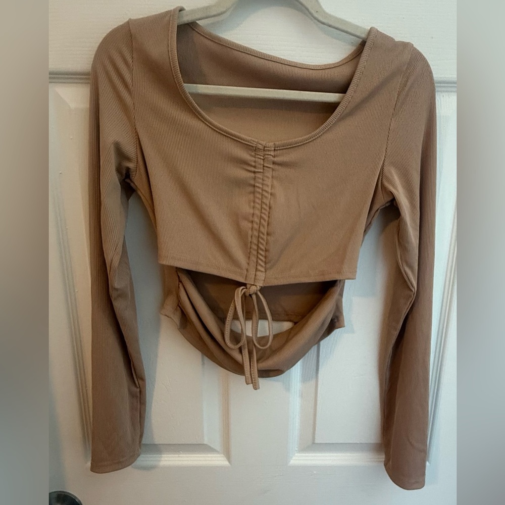 SHEIN Tan Ruched Long Sleeve Blouse
